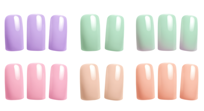 colorful nail designs arranged neatly on transparent background