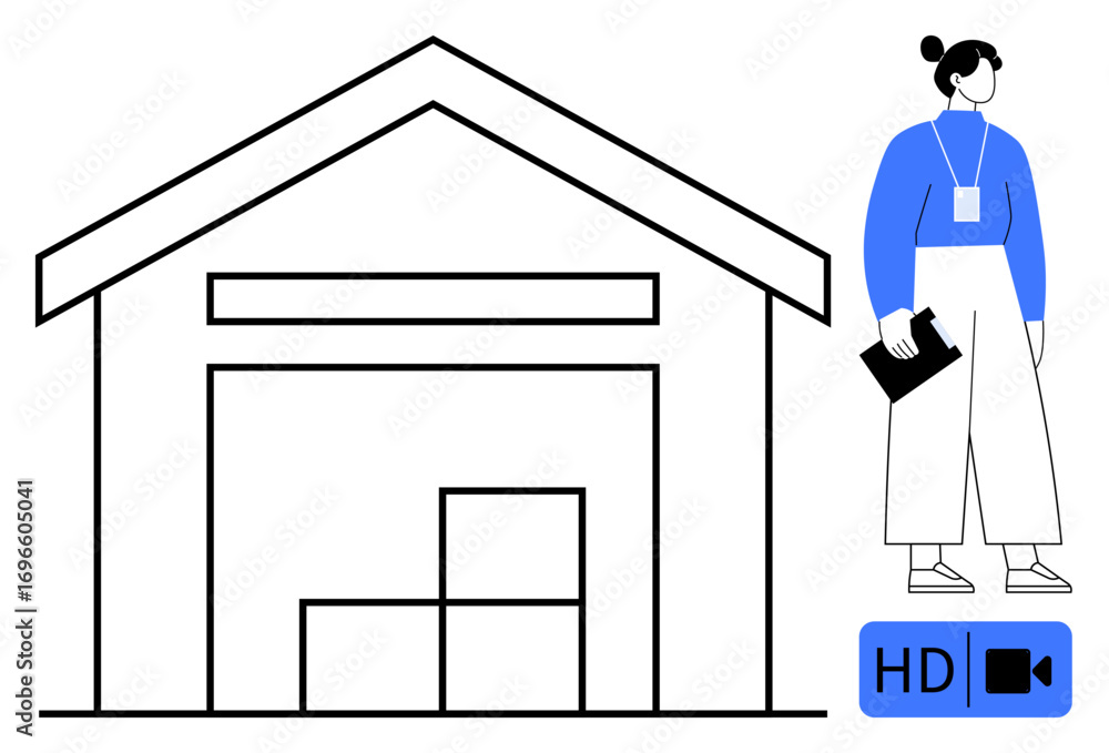 Poster warehouse structure with boxes stacked inside next to a worker holding a clipboard. ideal for logist