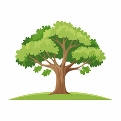 Cartoon Tree with Dense Green Foliage and a Textured Brown Trunk on Green Hill