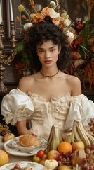 High-fashion portrait of a woman wears a luxurious, vintage-inspired white gown sitting behind an opulent feast with different food, vertical