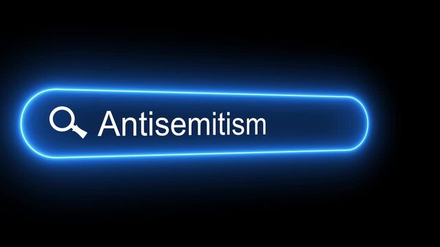 Searching Antisemitism on the Internet, Computer Screen Macro, 3D animation, Blue neon line Searching box on a black background. 4k