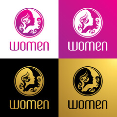 Woman face head silhouette with hair for natural beauty skin care cosmetic label logo