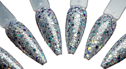 sparkling silver nails with glitter details on transparent background