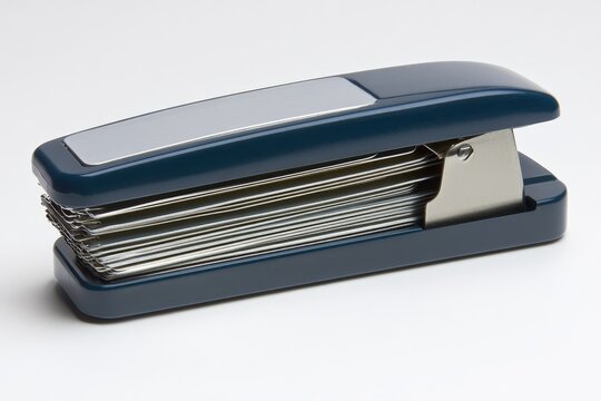 A compact, dark-blue plastic stapler with a light-grey label area rests on a white background; its metallic inner mechanism is partially visible, suggesting a nearly full staple supply