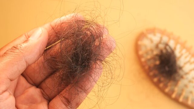 a person holding a clump of hair in their hand, hair loss 4k video