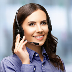 Representative call center. Businesswoman woman support phone operator wear headset, against office...