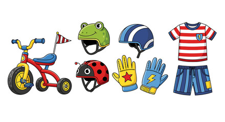 Child's Play: Whimsical Tricycle, Helmets, Gloves and Apparel Set on White