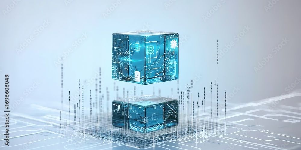 Aufkleber floating blue glass data cubes with digital circuit patterns, surrounded by binary code, one sharp f