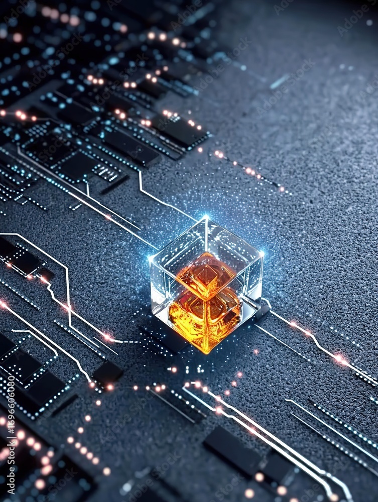 Poster top down view of small orange light cube floating on black circuit board, surrounded by glowing line