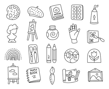 Art set in outline style with showing tools