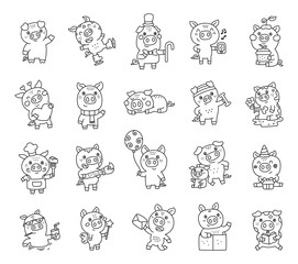 Fototapeta premium Pig character set in outline line art with charming emotions and many different poses including birthday celebration, valentine, cooking, reading, sport, family moments, summer vacation