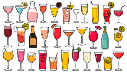 Colorful illustration of various alcoholic and non-alcoholic beverages in different glasses.
