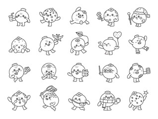 Blueberry character set in outline line art with adorable showing emotions and poses, birthday, holiday, reading, sport winter activities for your and creative designs projects