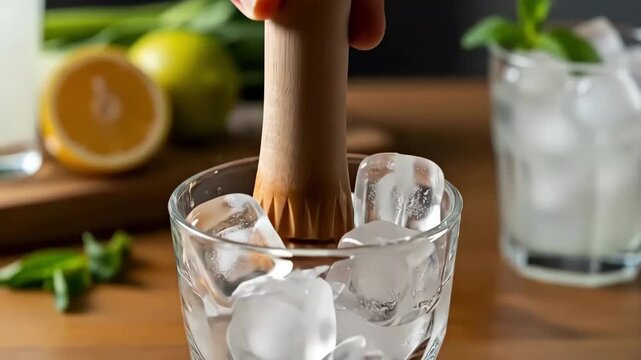 Cocktail making drink preparation ice cubes muddler citrus fruit refreshment summer beverage bar equipment party celebration mixology ingredients fresh garnish wooden tool cold drink glass