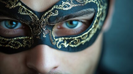 Close up of person wearing ornate mask