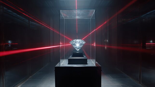 A large diamond displayed in a museum exhibit with red laser beams.