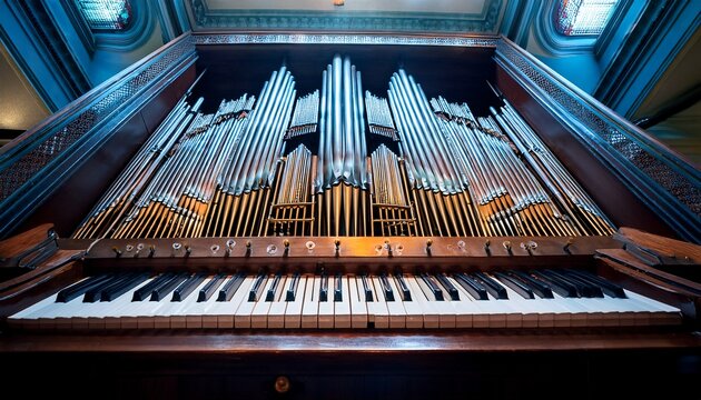 pipe organ keyboard and pipes in auditorium