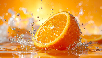 Fresh orange splash with water explosion, vibrant citrus fruit, juicy and refreshing, perfect for marketing, healthy lifestyle, summer mood, close up detail
