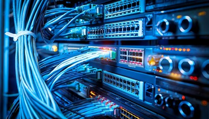 an up close view of network cables and displays in a data center