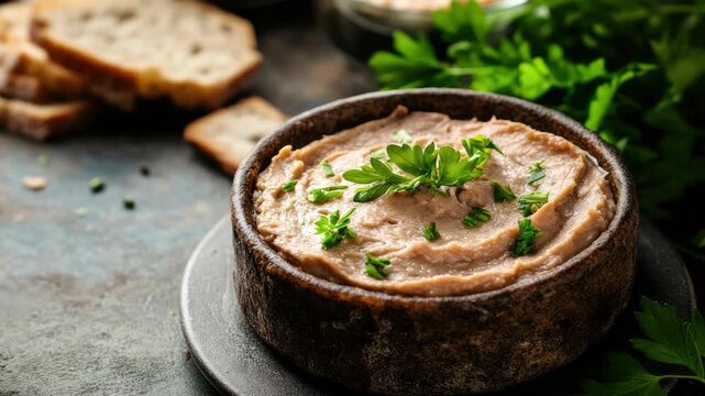 Bowl of creamy dip garnished with fresh herbs, served bread slices