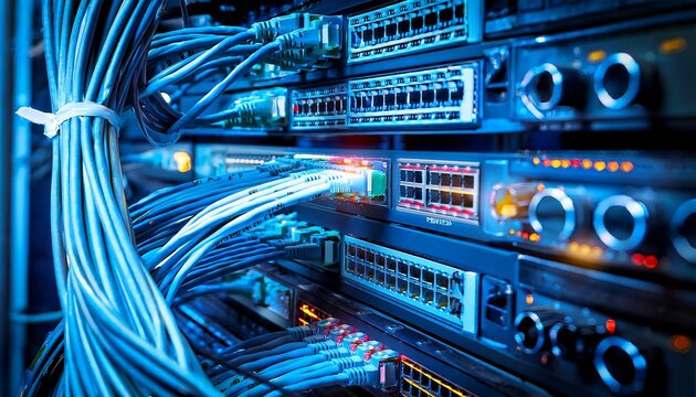 an up close view of network cables and displays in a data center