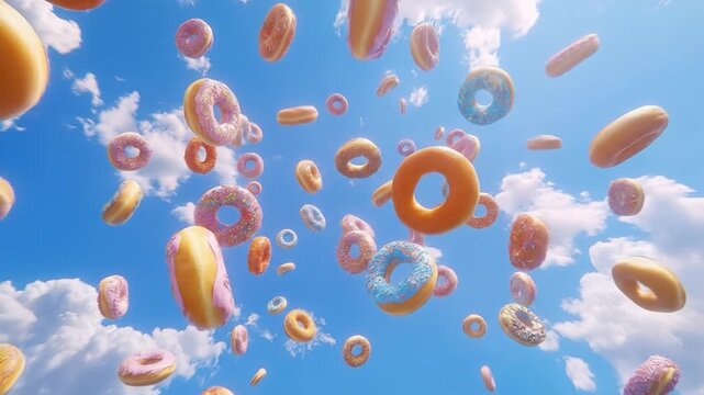 Donuts falling with blue sky, and clouds.
