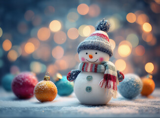 Cute snowman with winter hat and scarf surrounded by colorful Christmas ornaments in festive holiday lights background