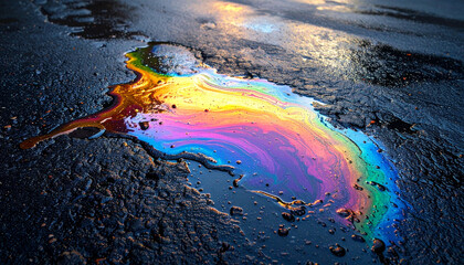 Rainbow oil stain on dark wet pavement with cinematic glowing effect, vibrant colors reflecting on textured asphalt, urban street scene, moody atmosphere, clean space for text