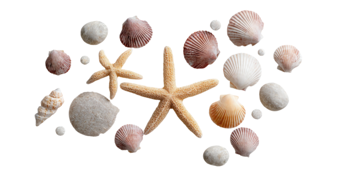 A collection of various seashells and starfish