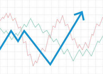 blue arrow graph rebound on grid background, business growth from crisis economic recover financial rise profit