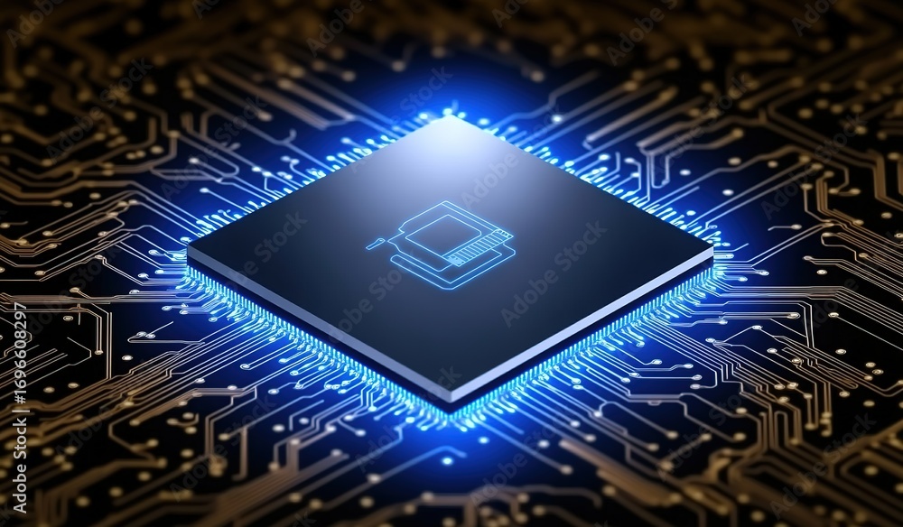 Aufkleber close-up of a computer chip with glowing icon on blue circuit board background. 3d rendering illustr