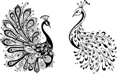 Fototapeta premium Ornamental black and white illustration of two stylized peacocks with elaborate plumage, featuring symmetrical composition, teardrop motifs, and intricate linework—perfect for adult coloring pages, te
