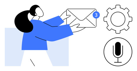 Woman holding an envelope with a notification badge, gear icon symbolizing settings, and microphone icon representing voice commands. Ideal for email, notifications, technology, communication