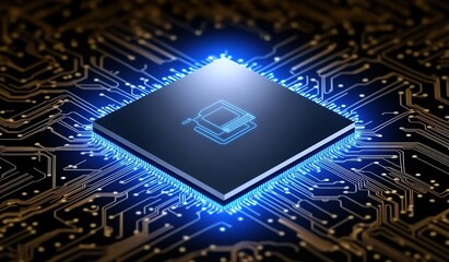Close-up of a computer chip with glowing icon on blue circuit board background. 3D rendering illustration with high resolution, professional color grading, soft shadows, and high-quality details.