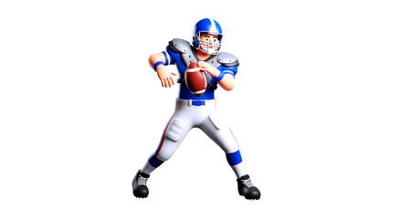 cartoon american football player ready for a powerful throw, dynamic pose, gridiron action, blue uniform, isolated on transparent background