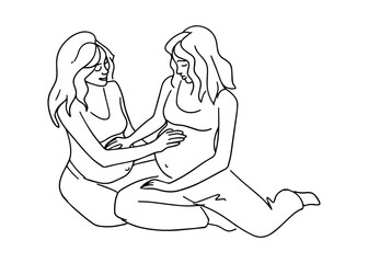 Two pregnant friends drawn in line art style.