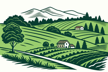 Rural Countryside Nature Scene Illustration Artwork. Beautiful Rural Countryside Landscape Illustration. Colorful Rural Countryside Nature Scene Artwork. Scenic Rural Countryside Creative Illustration