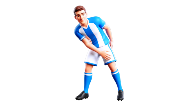 3d cartoon soccer player strategic bend, tactical ready, pregame focus, isolated on transparent background