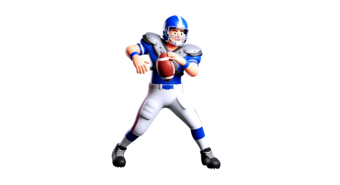 cartoon american football player ready for a powerful throw, dynamic pose, gridiron action, blue uniform, isolated on transparent background