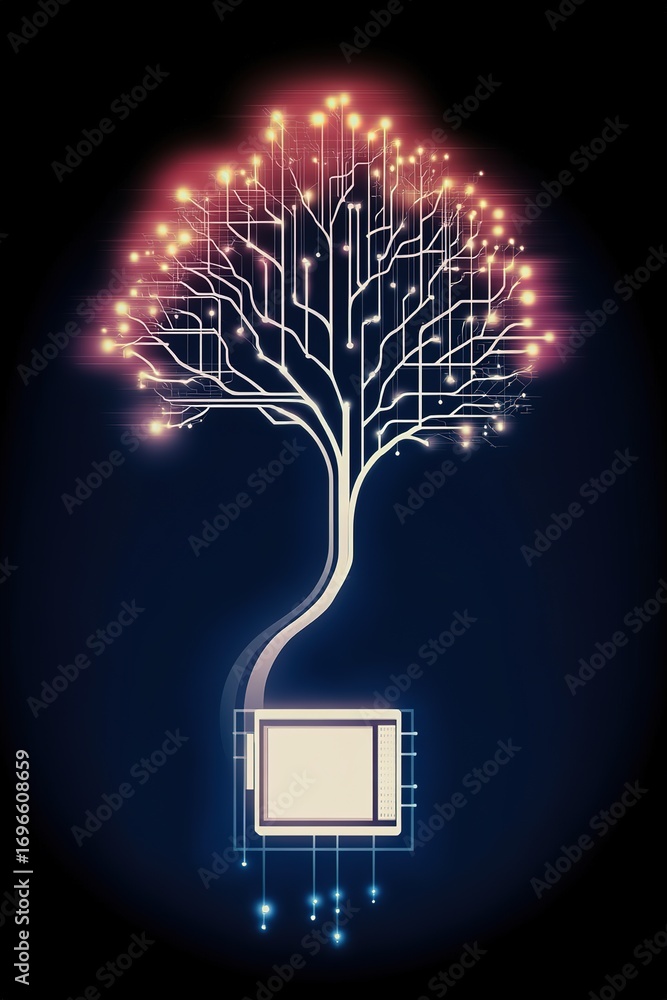 Aufkleber logo of a tree growing from a computer chip with glowing circuit board lines on dark background. vec