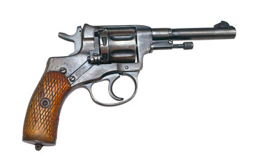 Old revolver handgun with wooden handle isolated on transparent background