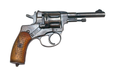 Old revolver handgun with wooden handle isolated on transparent background