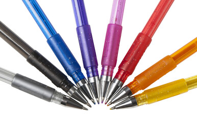 Colorful gel pens forming a circle on transparent background