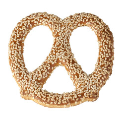 Freshly baked pretzel sprinkled with sesame seeds on transparent background