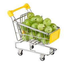 Shopping cart filled with fresh green gooseberries on transparent background