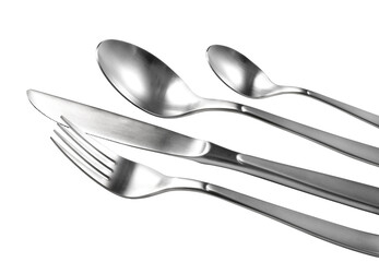 Fork, knife and spoons making elegant cutlery set on transparent background