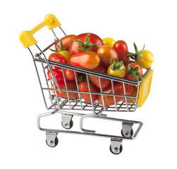 Shopping cart filled with fresh tomatoes on transparent background