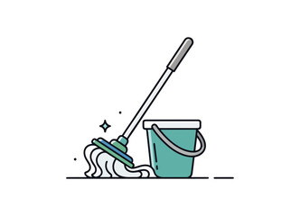 Fototapeta premium Cleaning mop and bucket with sparkles for a spotless home and office
