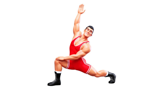 3d cartoon wrestler prematch stretching, focused determination, powerful pose, isolated on transparent background