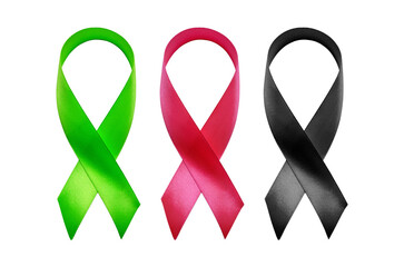 Green, pink and black awareness ribbons on transparent background